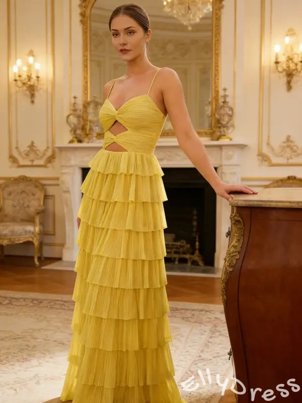 Cute Yellow Spagehetti Straps Sweetheart A-Line Long Prom Dress