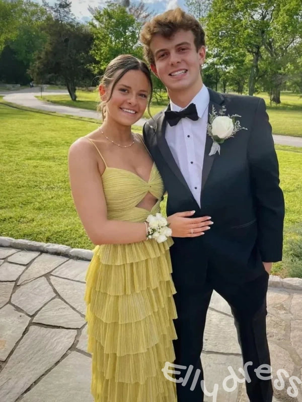 Cute Yellow Spagehetti Straps Sweetheart A-Line Long Prom Dress