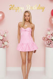 Pink Strapless Twist Front Floral Jacquard Ruffle Mini Dress Homecoming Party Dress