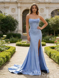Dusty Blue Strapless Corset Rhinestone Mermaid Prom Dress with Draped Bust High Slit Lace-Up Back and Sweep Train