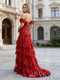 Red Off-Shoulder Short Sleeve Sweetheart Sequin Lace Embroidered Tiered Ruffle Prom Dress with 3D Floral Sleeves Sheer Corset Bodice Front Slit Five-Layer Skirt Lace-Up Back and Sweep Train