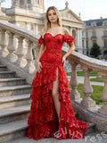 Red Off-Shoulder Short Sleeve Sweetheart Sequin Lace Embroidered Tiered Ruffle Prom Dress with 3D Floral Sleeves Sheer Corset Bodice Front Slit Five-Layer Skirt Lace-Up Back and Sweep Train