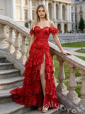 Red Off-Shoulder Short Sleeve Sweetheart Sequin Lace Embroidered Tiered Ruffle Prom Dress with 3D Floral Sleeves Sheer Corset Bodice Front Slit Five-Layer Skirt Lace-Up Back and Sweep Train