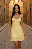 Yellow Lace Bow Spaghetti Strap Homecoming Ruffle Mini Dress