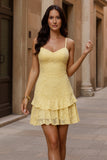 Yellow Lace Bow Spaghetti Strap Homecoming Ruffle Mini Dress