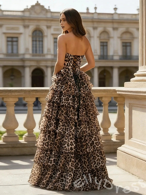 Leopard Print Strapless Sweetheart Black Lace Trim Tiered Ruffle A-Line Prom Dress with Animal Print Chiffon Corset Bodice Front High Slit Six-Layer Skirt and Lace-Up Back