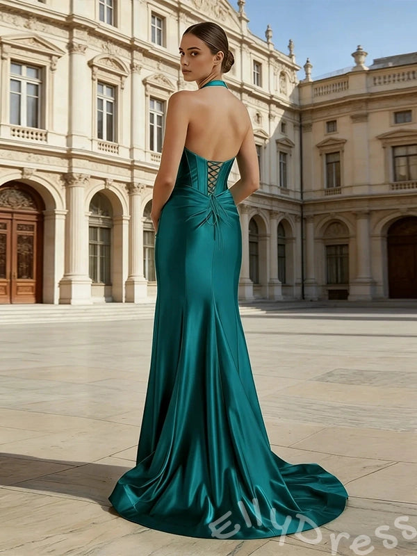 Unique Green Mermaid Halter V-Neck Long Prom Dress With Slit