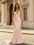Blush Pink Spaghetti Strap Deep V-Neck Satin Mermaid Prom Dress with Ruched Waist Open Back Criss Cross Straps and Sweep Train