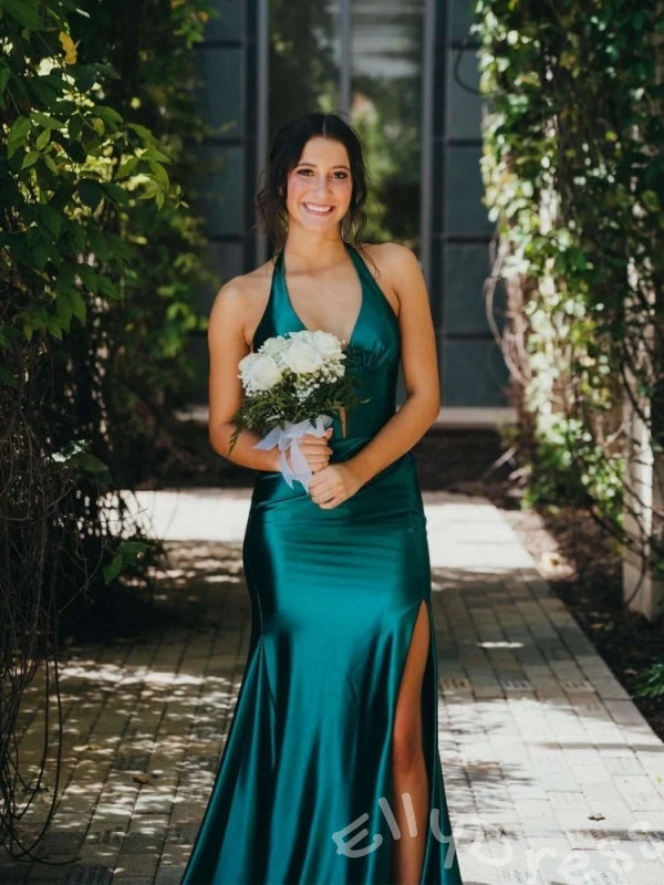 Unique Green Mermaid Halter V-Neck Long Prom Dress With Slit