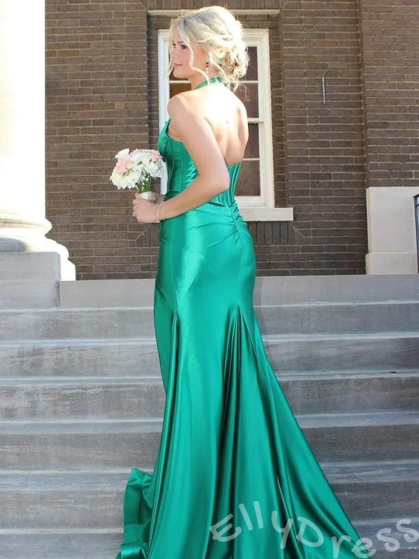 Unique Green Mermaid Halter V-Neck Long Prom Dress With Slit