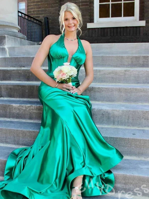 Unique Green Mermaid Halter V-Neck Long Prom Dress With Slit