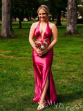 Unique Green Mermaid Halter V-Neck Long Prom Dress With Slit