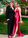 Unique Green Mermaid Halter V-Neck Long Prom Dress With Slit