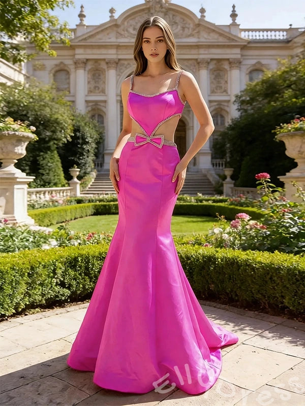 Fuchsia Spaghetti Strap Square Neck Satin Mermaid Prom Dress with Cutout Waist Rhinestone Bow Open Back and Sweep Train