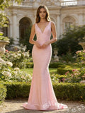 Blush Pink Wide Strap Deep V-Neck Full Pearl Beaded Sequin Embroidered Fitted Mermaid Prom Dress with Cinched Waist Low V Back and Sweep Train