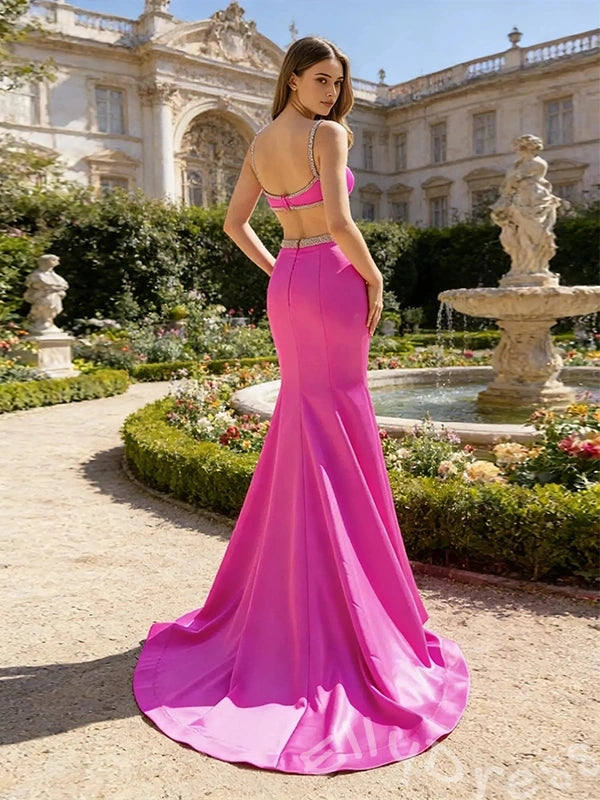 Fuchsia Spaghetti Strap Square Neck Satin Mermaid Prom Dress with Cutout Waist Rhinestone Bow Open Back and Sweep Train