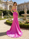 Fuchsia Spaghetti Strap Square Neck Satin Mermaid Prom Dress with Cutout Waist Rhinestone Bow Open Back and Sweep Train