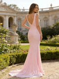 Blush Pink Wide Strap Deep V-Neck Full Pearl Beaded Sequin Embroidered Fitted Mermaid Prom Dress with Cinched Waist Low V Back and Sweep Train