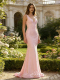 Blush Pink Wide Strap Deep V-Neck Full Pearl Beaded Sequin Embroidered Fitted Mermaid Prom Dress with Cinched Waist Low V Back and Sweep Train