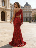 Burgundy One Shoulder Long Sleeve Full Sequin Fitted Mermaid Prom Dress with Waist Cutout Front High Slit Open Back and Sweep Train