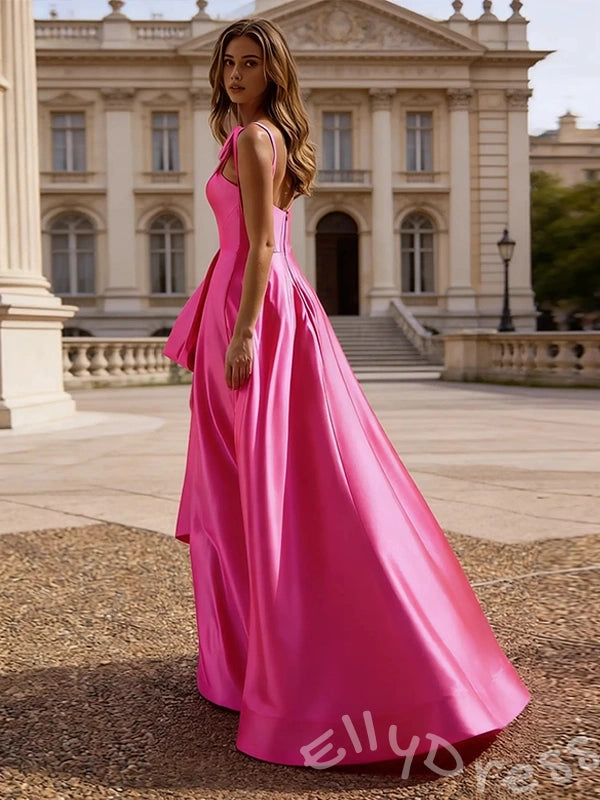 Hot Pink Wide Strap Bow Tie Sweetheart Satin A-Line Ball Gown Prom Dress with Corset Bodice Oversized Skirt Open Back and Pockets