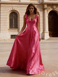 Hot Pink Wide Strap Bow Tie Sweetheart Satin A-Line Ball Gown Prom Dress with Corset Bodice Oversized Skirt Open Back and Pockets