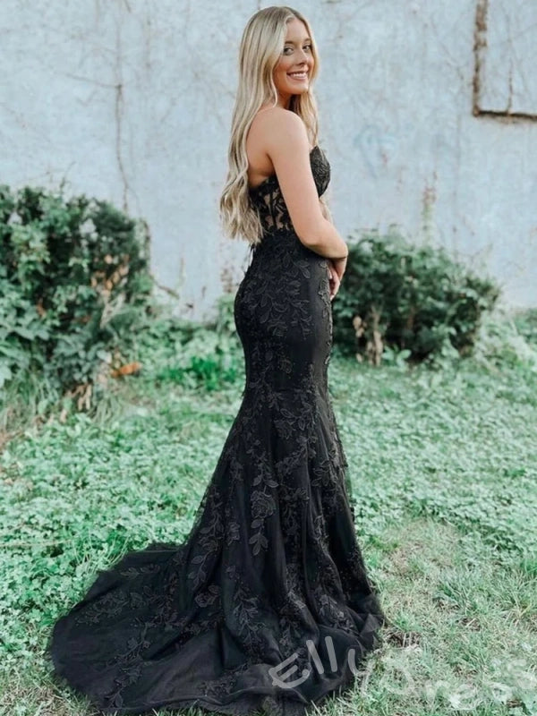 Sky Blue Strapless Sweetheart Sheer Boned Corset Bodice Full Floral Lace Embroidered Mermaid Prom Dress with Lace-Up Back and Sweep Train