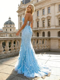 Sky Blue Strapless Sweetheart Sheer Boned Corset Bodice Full Floral Lace Embroidered Mermaid Prom Dress with Lace-Up Back and Sweep Train
