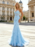 Sky Blue Strapless Sweetheart Sheer Boned Corset Bodice Full Floral Lace Embroidered Mermaid Prom Dress with Lace-Up Back and Sweep Train