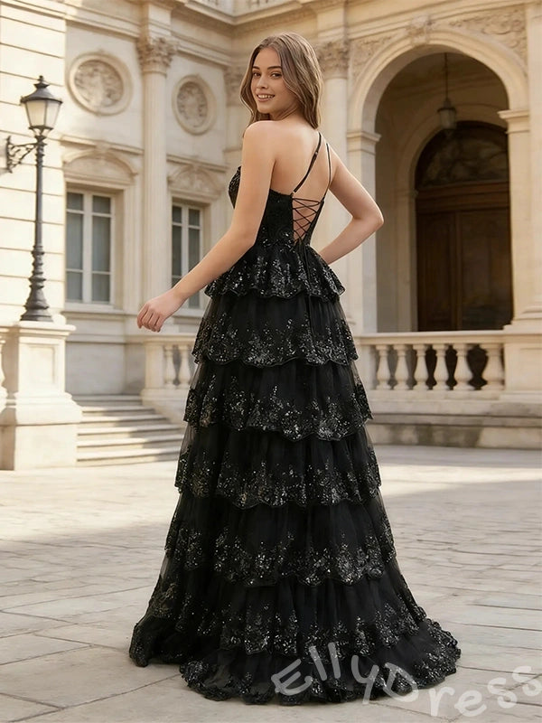 Black One Shoulder Full Sequin Floral Embroidered Seven-Tier Cake A-Line Prom Dress with 3D Floral Shoulder Detail Front High Slit Lace-Up Corset Back and Sweep Train