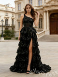 Black One Shoulder Full Sequin Floral Embroidered Seven-Tier Cake A-Line Prom Dress with 3D Floral Shoulder Detail Front High Slit Lace-Up Corset Back and Sweep Train