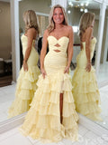 Cute Mermaid Yellow Chiffon Sweetheart Long Prom Dress