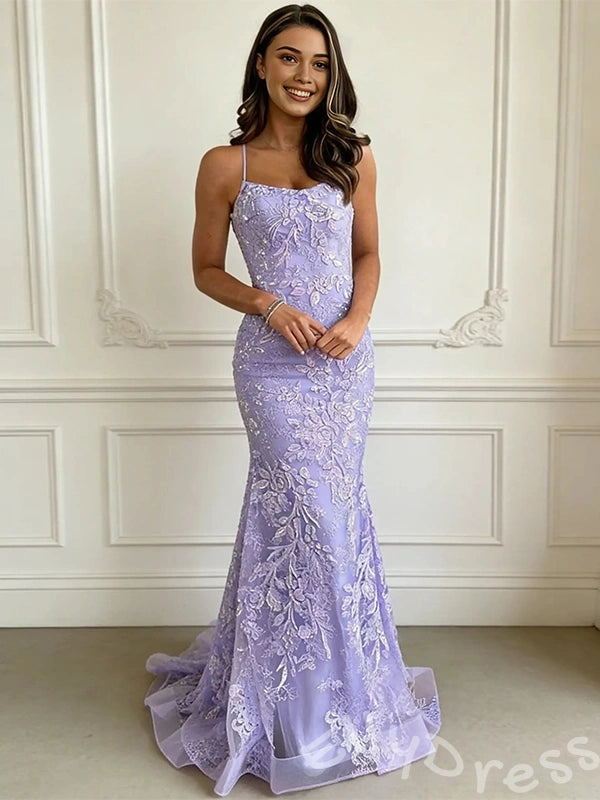 Lavender Spaghetti Strap Square Neck Full Floral Lace Embroidered Fitted Mermaid Prom Dress with White Lace Overlay Lace-Up Corset Back and Sweep Train