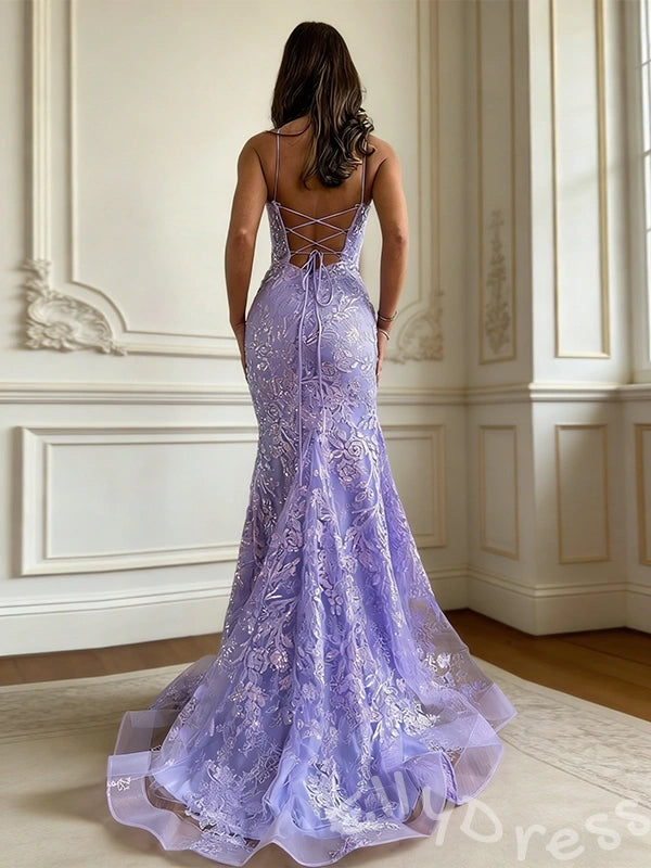 Lavender Spaghetti Strap Square Neck Full Floral Lace Embroidered Fitted Mermaid Prom Dress with White Lace Overlay Lace-Up Corset Back and Sweep Train