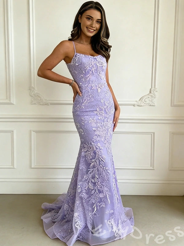Lavender Spaghetti Strap Square Neck Full Floral Lace Embroidered Fitted Mermaid Prom Dress with White Lace Overlay Lace-Up Corset Back and Sweep Train