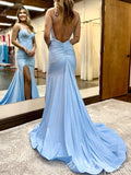 Stunning Mermaid Blue V-Neck Backless Long Prom Dress