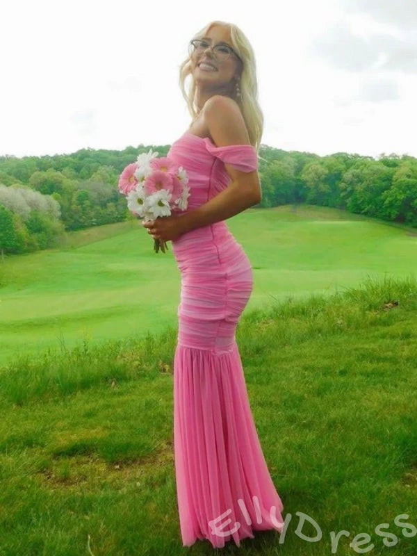 Barbie Pink Off-Shoulder Drape Sleeve Sweetheart Ruched Chiffon Mermaid Prom Dress with Twist Bust Pleated Trumpet Hem and Open Back