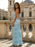 Ice Blue White Strapless Straight Neck Satin Bodice Full Sequin Floral Embroidered Sheath Prom Dress with 3D Leaf Floral Detail and Lace-Up Corset Back
