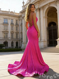 Stunning Mermaid Hot Pink V-Neck Lace-Up Long Prom Dress