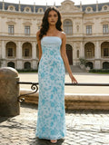 Ice Blue White Strapless Straight Neck Satin Bodice Full Sequin Floral Embroidered Sheath Prom Dress with 3D Leaf Floral Detail and Lace-Up Corset Back