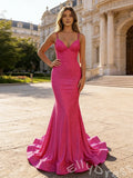 Stunning Mermaid Hot Pink V-Neck Lace-Up Long Prom Dress