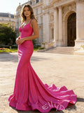 Stunning Mermaid Hot Pink V-Neck Lace-Up Long Prom Dress