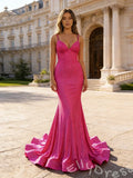 Stunning Mermaid Hot Pink V-Neck Lace-Up Long Prom Dress