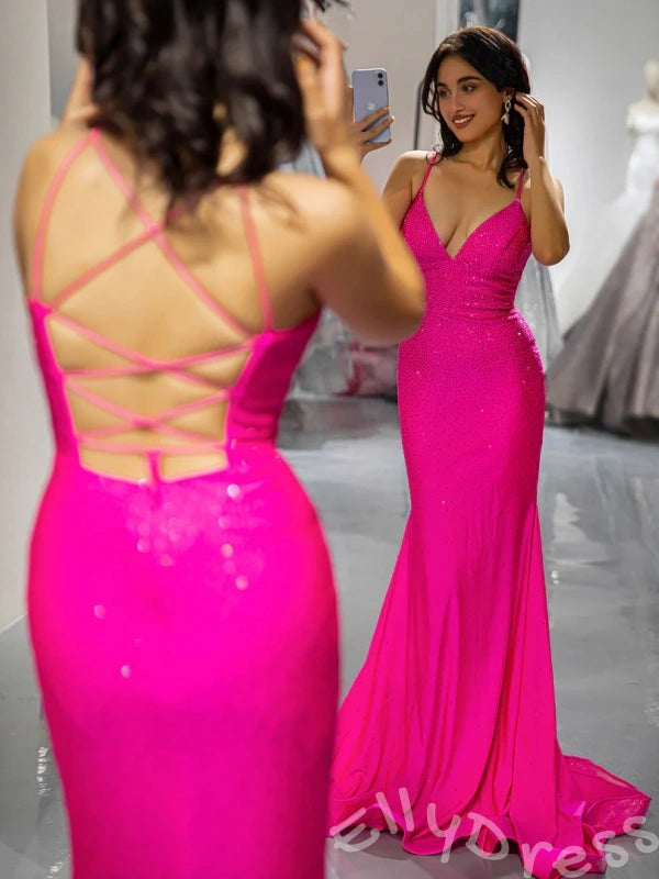 Stunning Mermaid Hot Pink V-Neck Lace-Up Long Prom Dress