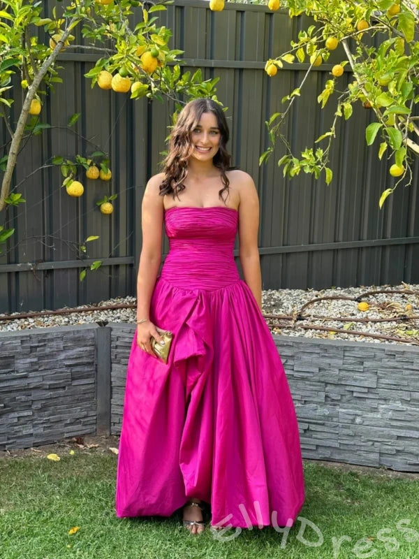 Fuchsia Strapless Straight Neck Satin Vertical Ruched Bodice Oversized A-Line Ball Gown Prom Dress with Drop Waist Front High Slit and Minimalist French Style