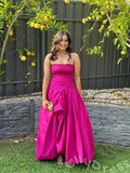 Fuchsia Strapless Straight Neck Satin Vertical Ruched Bodice Oversized A-Line Ball Gown Prom Dress with Drop Waist Front High Slit and Minimalist French Style