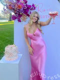 Barbie Pink Spaghetti Strap Deep V-Neck Satin Mermaid Prom Dress with Teardrop Cutout Bust Criss Cross Straps and Open Back