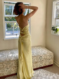Lemon Yellow Spaghetti Strap Deep V-Neck Satin Mermaid Prom Dress with Twist Knot Bust Open Low Back and Criss Cross Back Straps