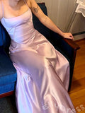 Lilac Spaghetti Strap Square Neck Satin A-Line Prom Dress with V-Shape Seam Detail and Lace-Up Corset Back