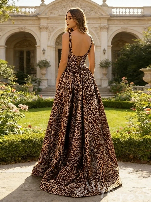 Leopard Print Wide Strap Square Neck A-Line Prom Dress with Open Back High Slit and Pockets